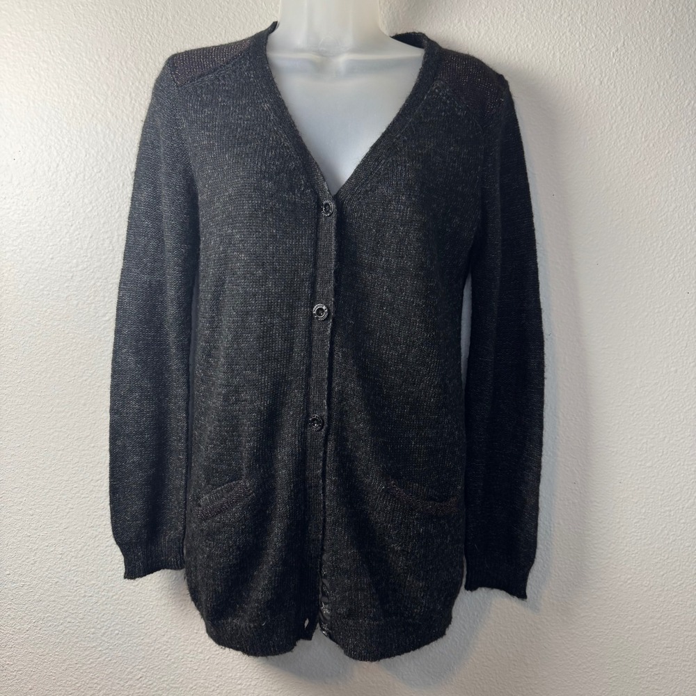 Maison Scotch Mohair Blend Cardigan Charcoal Star Trim Elbow Patch Sweater